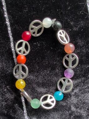 Silver Peace Sign Mixed Stone Bracelet